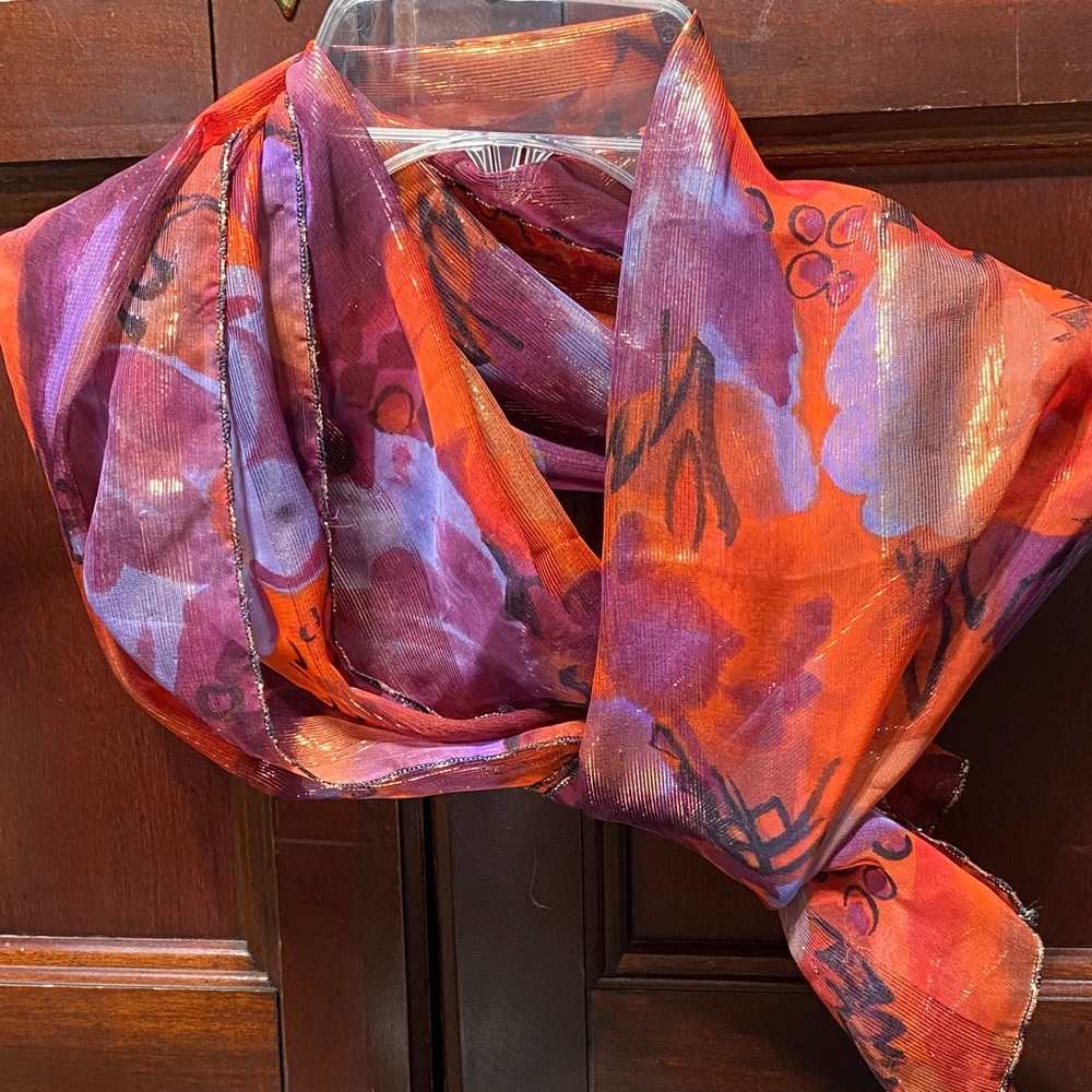 Vibrant vintage purple and orange sheer 62” x 12” Scarf